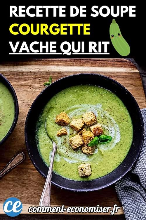 Bol de soupe verte de courgette à la Vache qui Rit avec croûtons et feuille de basilic