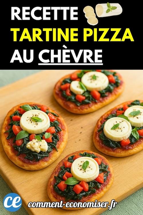 Quatre mini tartines façon pizza garnies d’épinards, tomates et fromage de chèvre, posées sur une planche en bois.