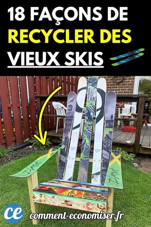 Fauteuil de jardin fabriqué à partir de vieux skis colorés, placé sur une pelouse devant une terrasse en bois.