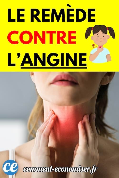 Femme se tenant la gorge avec les deux mains, une zone rouge indique une douleur à la gorge.