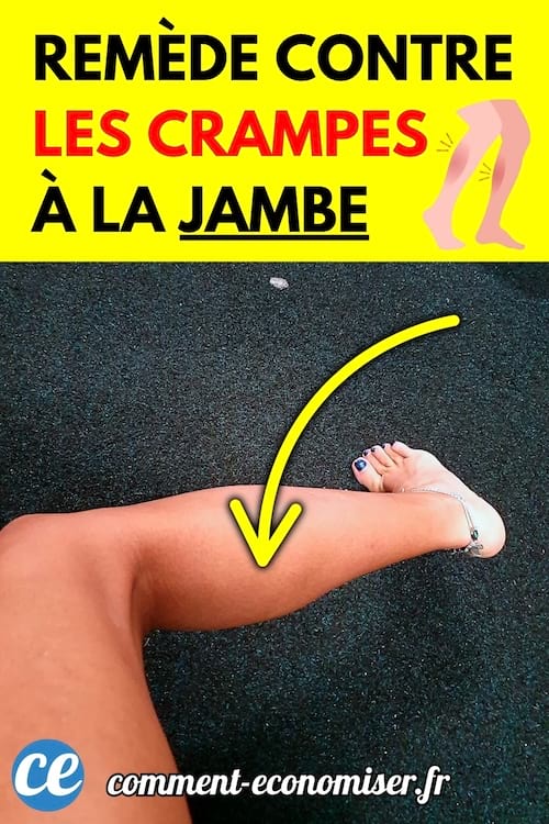 Jambe allongée sur un sol sombre avec une flèche jaune indiquant le mollet