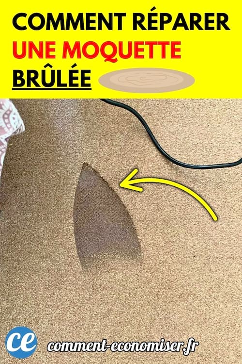 Moquette beige endommagée avec une brûlure en forme triangulaire.