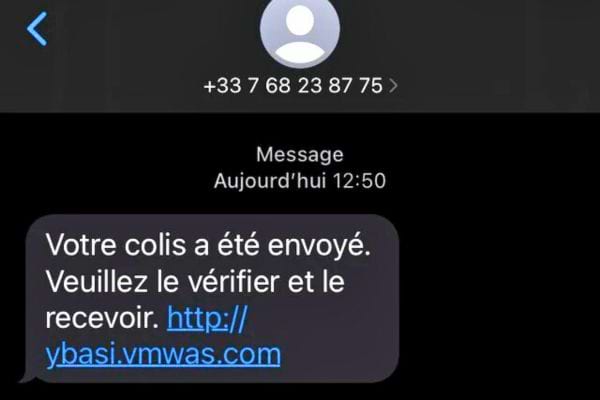 SMS suspect indiquant un colis envoyé avec lien douteux.
