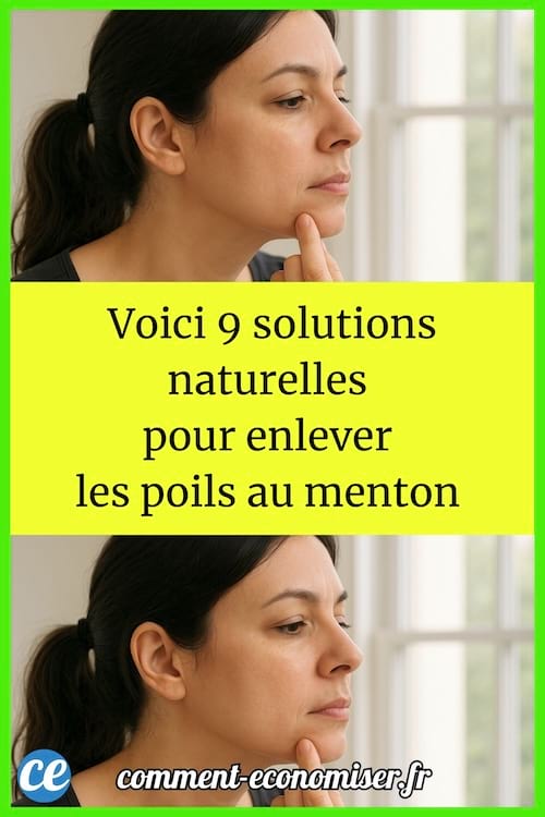 Femme brune examinant son menton dans le miroir, avant et après.