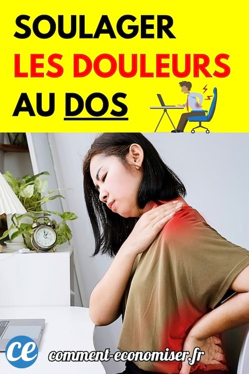 Femme assise touchant son épaule avec une zone rouge visible dans le dos, signe de douleur.