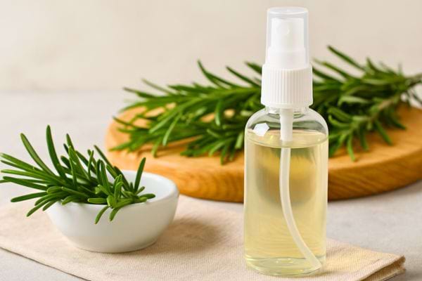Spray maison au romarin posé près de brins frais.