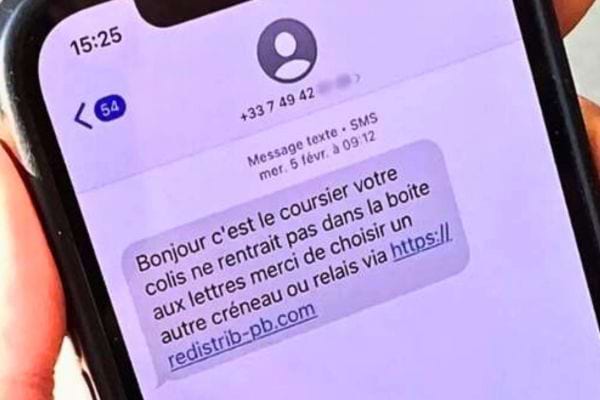 Texto frauduleux invitant à reprogrammer une livraison via lien.