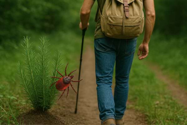 Un randonneur passe près d’un romarin avec une tique géante.
