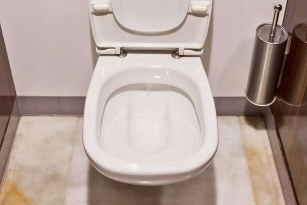 Toilettes blanches avec de l’eau stagnante.