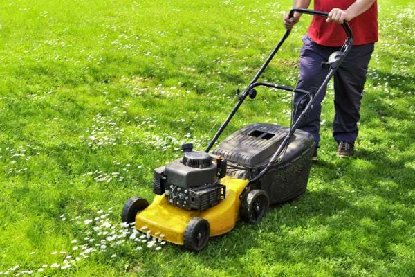 Personne tondant la pelouse avec une tondeuse jaune.