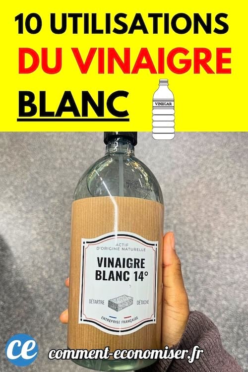 Une main tenant une bouteille de vinaigre blanc à 14° devant un fond gris.