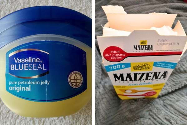 Vaseline Blueseal et Maïzena pour préparation cosmétique maison.
