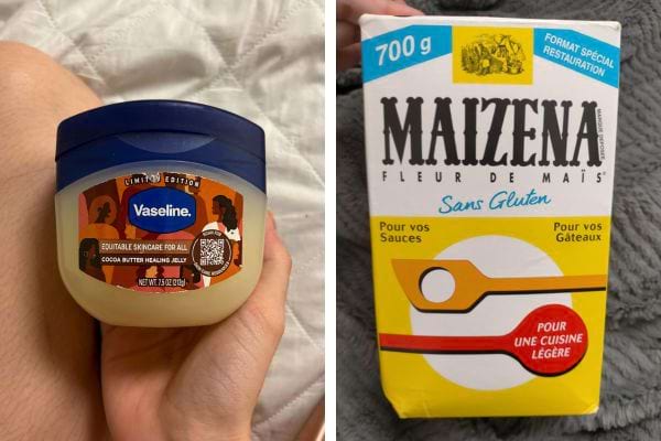 Vaseline au cacao et Maïzena sans gluten sur un lit.