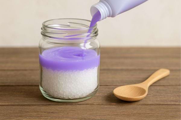 Liquide violet versé sur le sel dans le bocal.