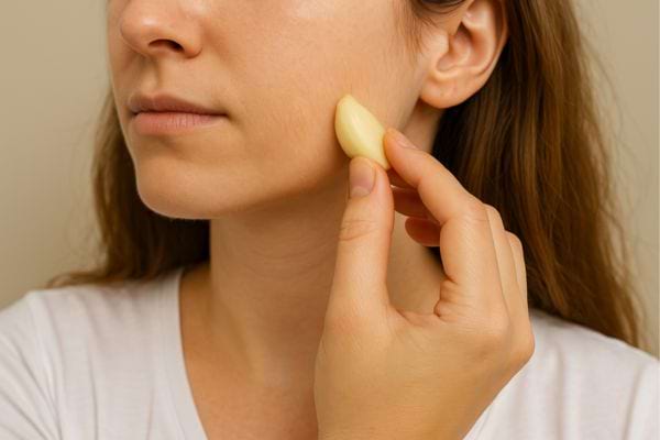 Femme frottant une gousse d’ail directement sur son visage.