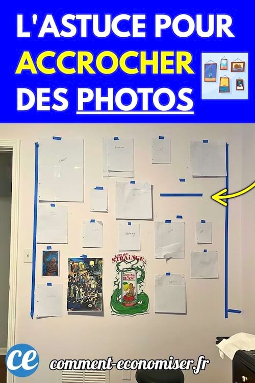 Un mur montre un agencement de feuilles et photos scotchées pour planifier l’accrochage de cadres.