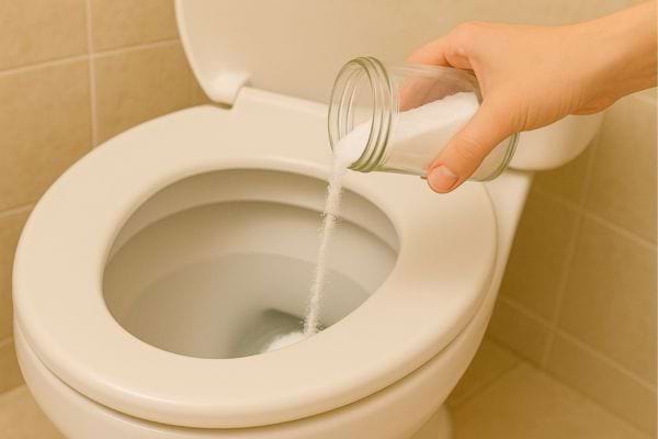 La poudre est versée dans l’eau des toilettes.