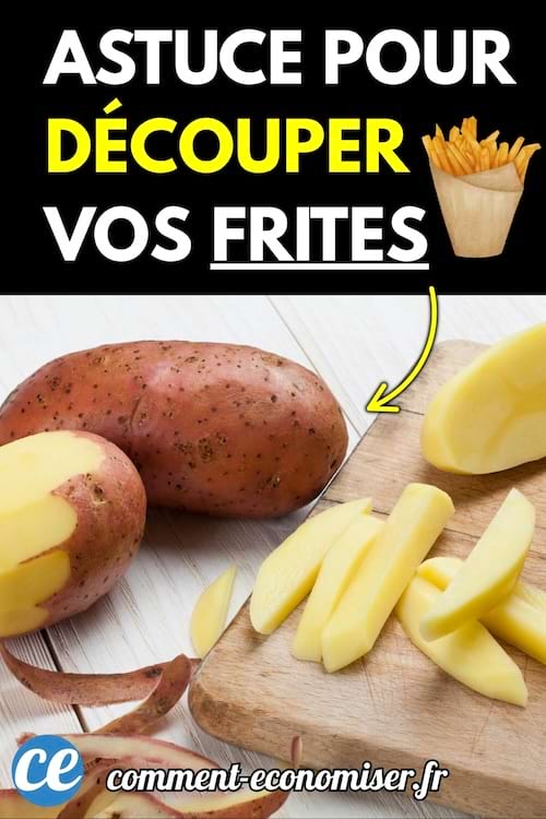 Planche en bois avec une pomme de terre pelée et des frites découpées.