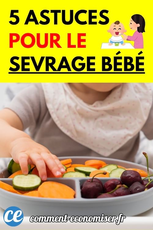 Un bébé portant un bavoir, assis devant une assiette compartimentée remplie de fruits et légumes.