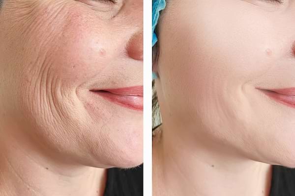 Visage avant/après, rides atténuées.