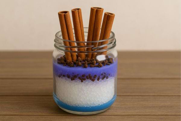 Quatre bâtons de cannelle plantés dans le bocal rempli.