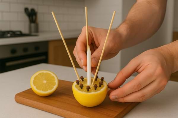 On ajoute trois bâtonnets autour de la bougie.