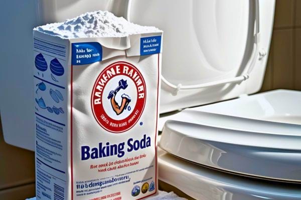 Une grande boîte de bicarbonate est posée près des toilettes.