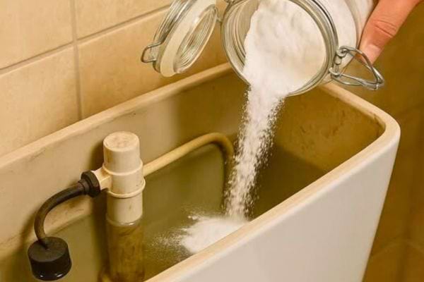 Du bicarbonate est versé dans un réservoir de toilette.