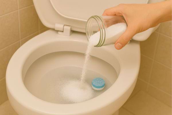 Une pastille bleue et du bicarbonate sont dans la cuvette.