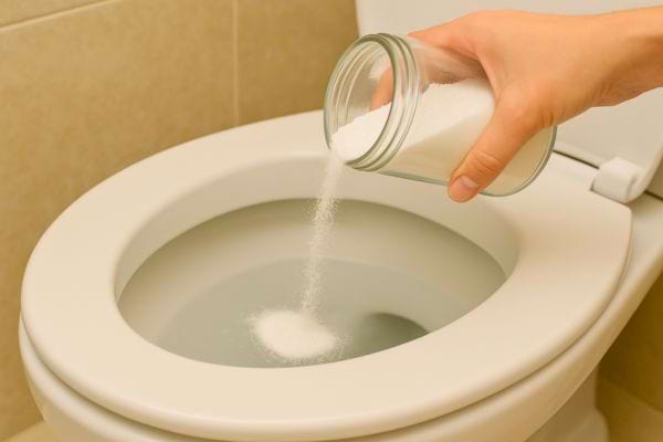 Du bicarbonate est versé directement dans la cuvette.