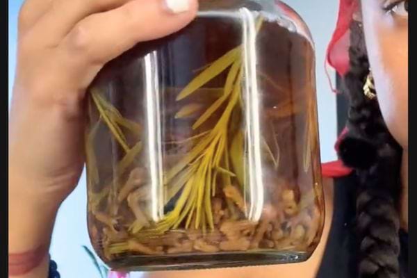 Bocal rempli d’huile infusée de romarin et de clous de girofle.