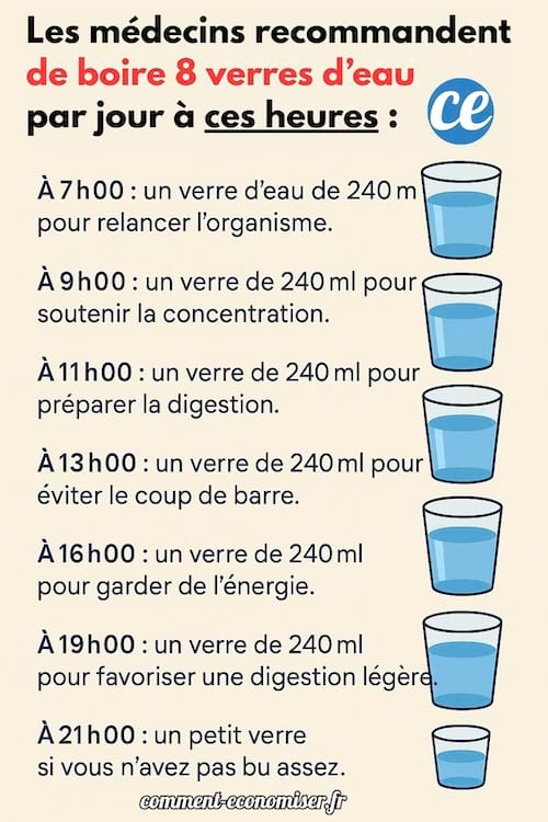 Les heures où il faut boire 8 verres d'eau par jour