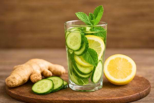 Verre d’eau citronnée avec concombre, gingembre et menthe sur planche en bois.