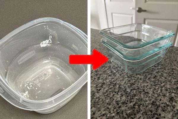 Boîte plastique abîmée troquée contre récipient en verre.