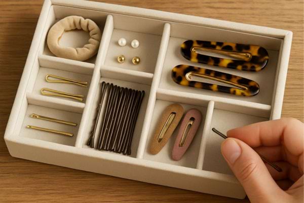 Rangement d’épingles à cheveux dans un organiseur.