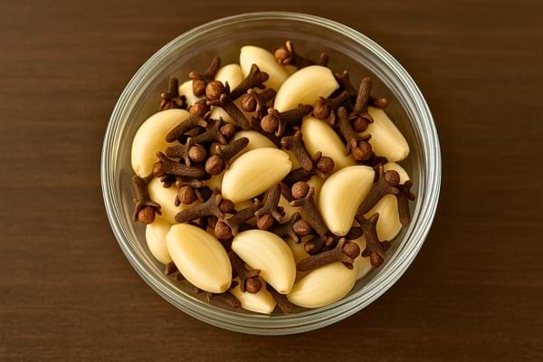 Ail et clous de girofle dans un bol.