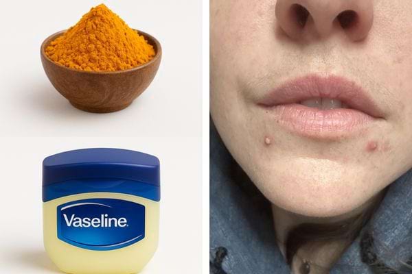 Curcuma, vaseline et boutons sur le menton.