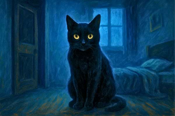 Chat noir assis dans une pièce sombre, ambiance mystérieuse.