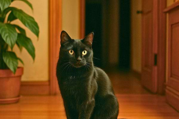 Chat noir assis dans un couloir lumineux de maison.