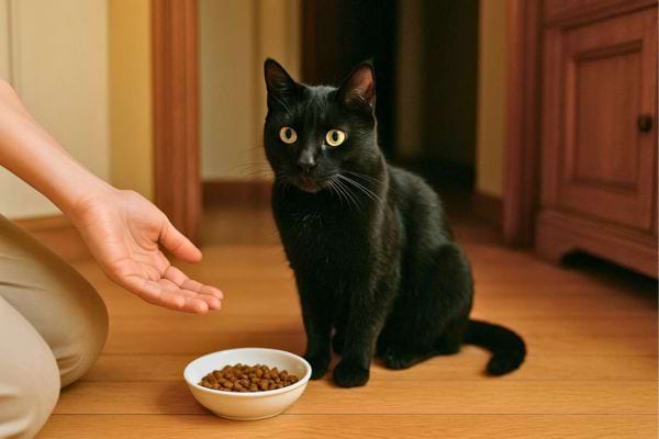 Chat noir devant une gamelle de croquettes et une main tendue.