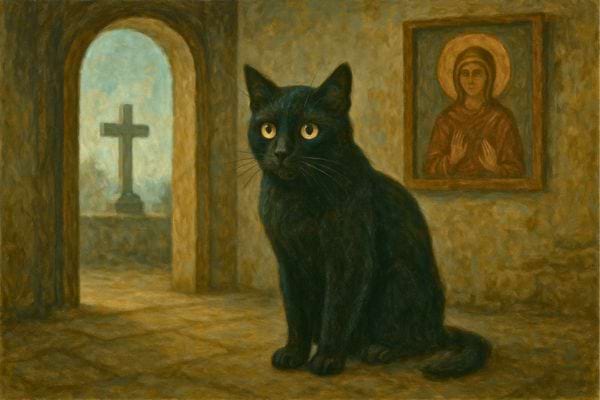 Chat noir dans une église avec une croix et une icône.