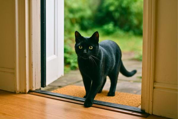 Chat noir franchissant une porte ouverte.