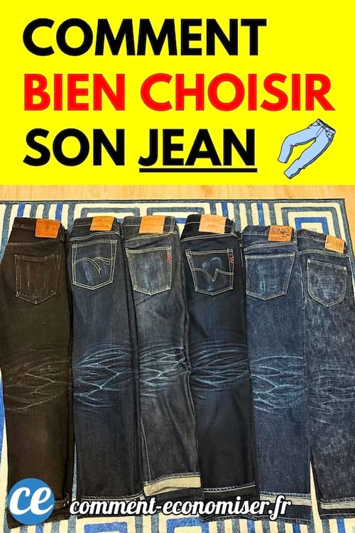 Cinq jeans de différentes teintes alignés à plat sur un tapis.