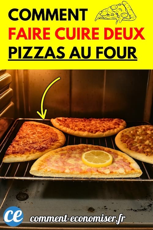 Deux pizzas sur une grille de four, coupées en deux pour cuire simultanément dans un espace restreint.