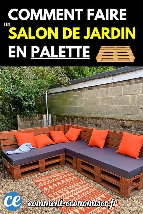 Salon de jardin fabriqué en palettes en bois avec coussins orange et tapis extérieur.