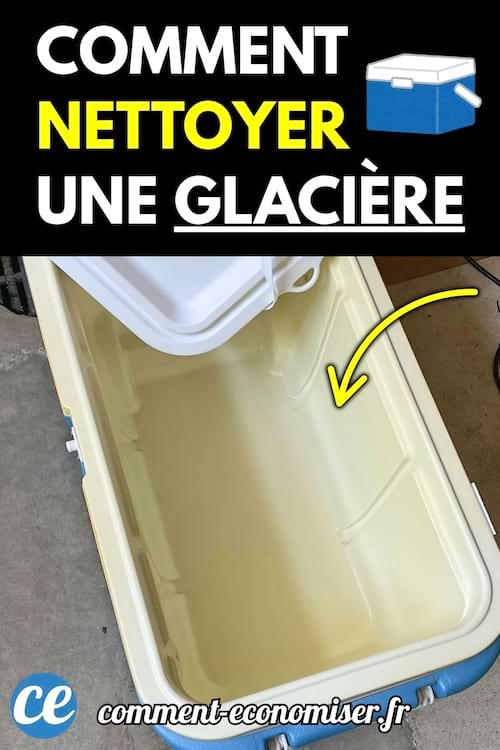 Glacière vide en plastique beige et bleu, ouverte et vue de haut.