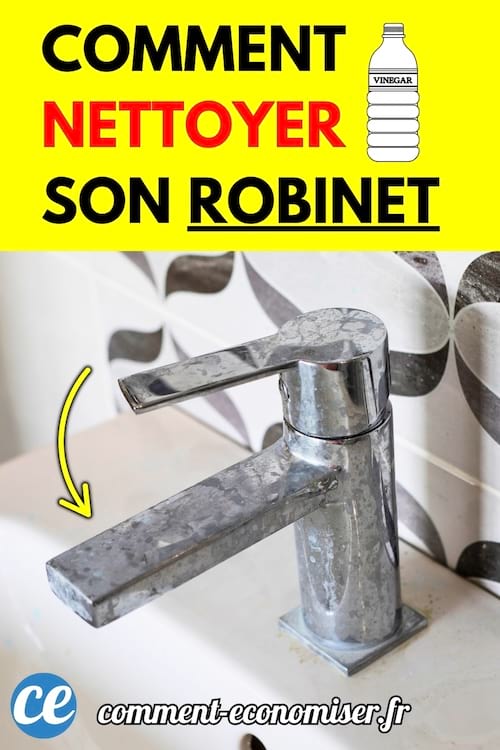 Robinet chromé entartré posé sur un lavabo blanc avec carrelage mural en fond.