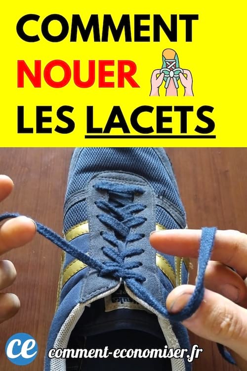 Une personne en train de nouer les lacets bleus de ses baskets.