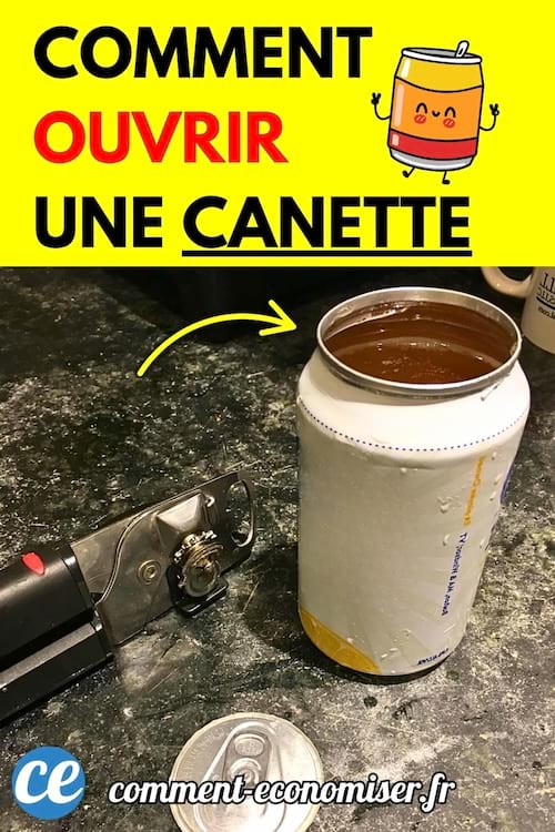 Canette ouverte par le haut à l’aide d’un ouvre-boîte, posée sur un plan de travail avec le couvercle détaché à côté.
