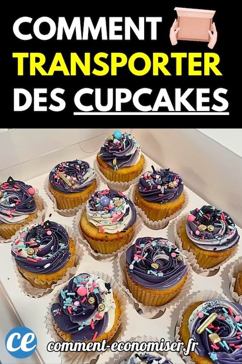 Boîte contenant plusieurs cupcakes décorés de glaçage violet et de perles colorées.